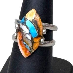 Southwestern Sterling Silver Marquise Inlay Ring Turquoise Spiny Oyster Shells 7
